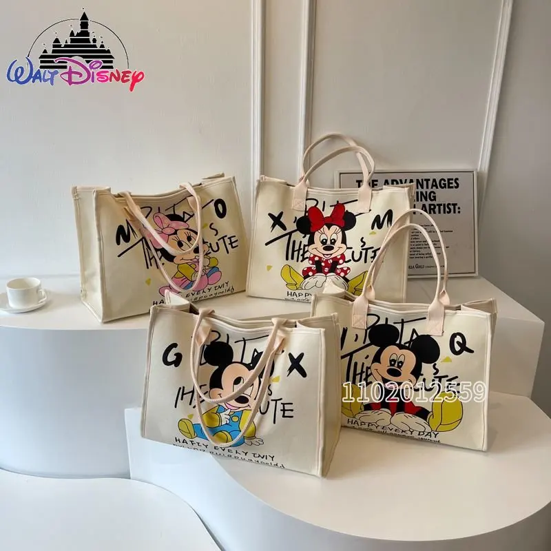 Disney-Bolso de mano de Mickey y Minnie para mujer, bolso de hombro de gran capacidad, de lona, de marca de lujo, a la moda