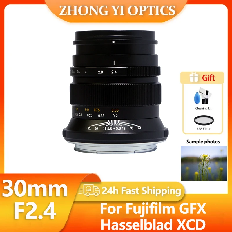 Lente de Fotografía Prime de Formato Medio Zhongyi Mitakon 30mm F2.4 MF para Cámaras Fujifilm GFX, Hasselblad XCD, Montura XCD, GFX50S, GFX100, X2D