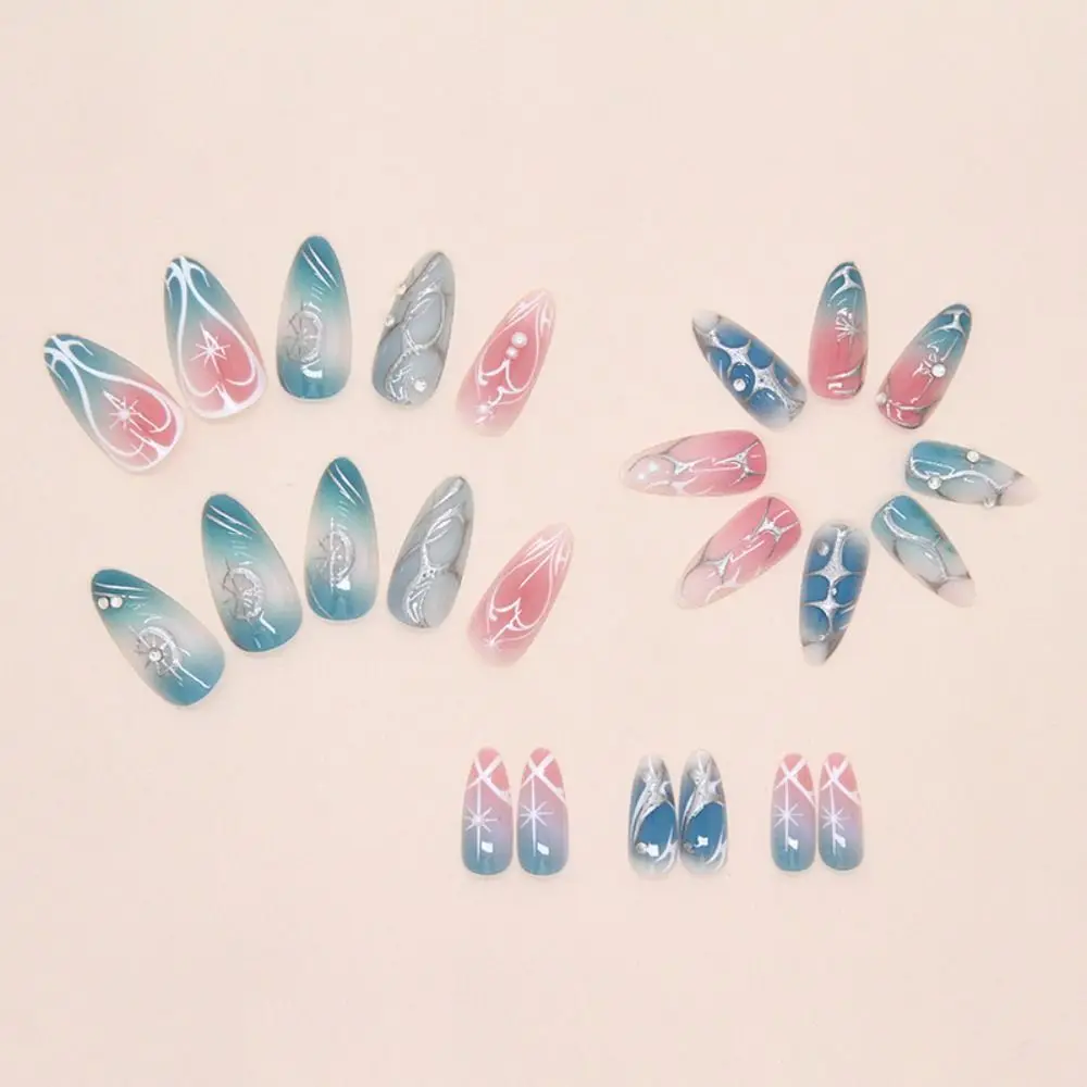 24 Stück Maniküre Lange Mandel Falsche Nägel Vergoldete Blume Perle Französisch Press on Nails Abnehmbare Stern Schleife Fake Nials DIY