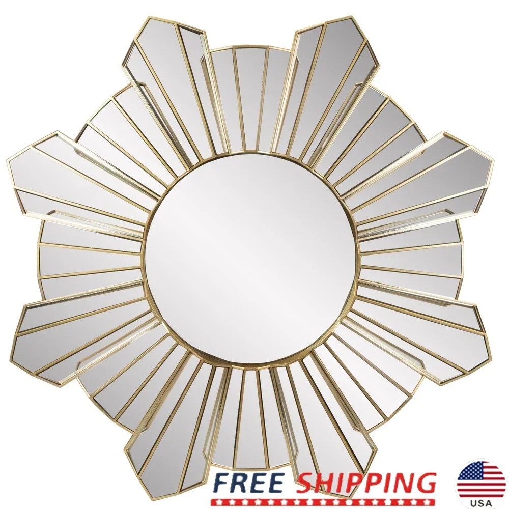 

Shiny Gold Sunburst Wall Mirror 25 Inch Round Decorative Mirror with Easy Hanging Hardware Bedroom Living Room