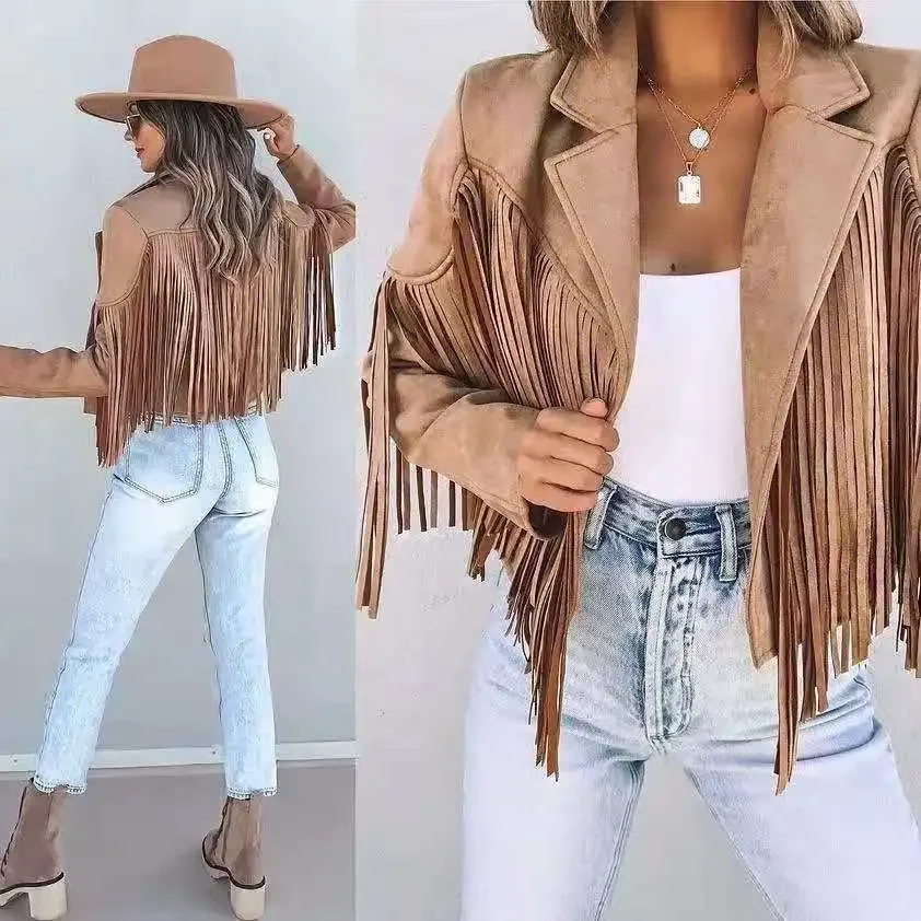 Fringed Bomber Jacket Women Spring Fashion Long Sleeve Turn-down Collar Open Stitch Slim Jackets