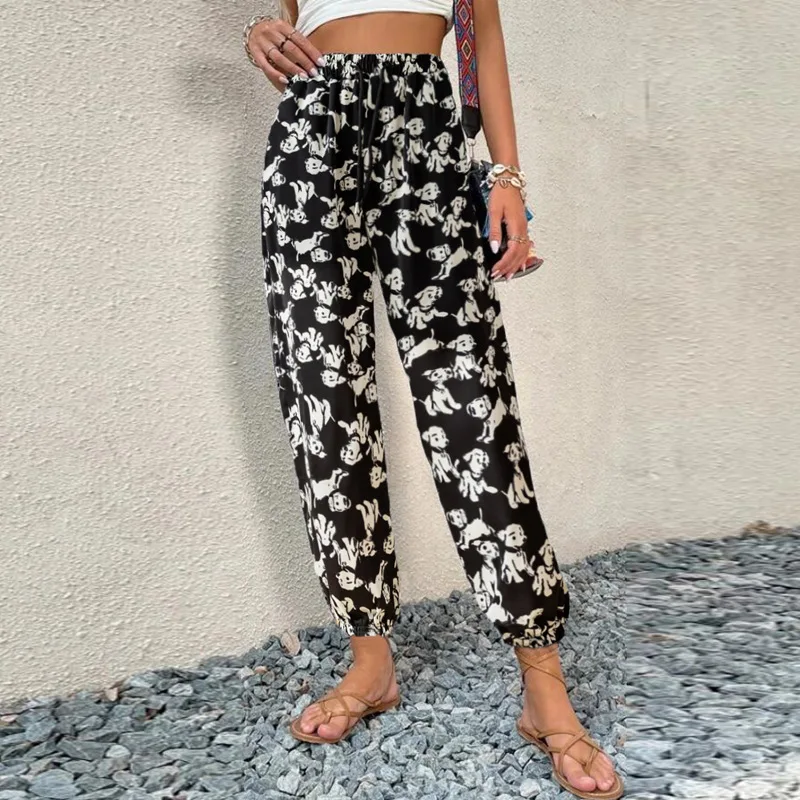 New Summer Casual Fashion Leopard Prints Women Loose Sporty Ninth Length Radish Pants Elastic Drawstring Bloomers Trousers Femme