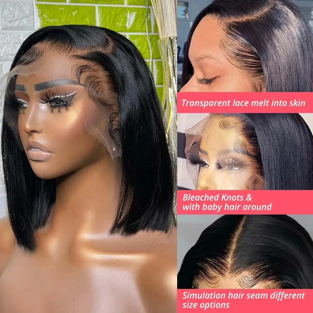 Black Wig Short Straight Lace Front Wig 13X4 HD Bob Lace Frontal Wig Glueless Pre Plucked Synthetic Daily Cosplay for Women