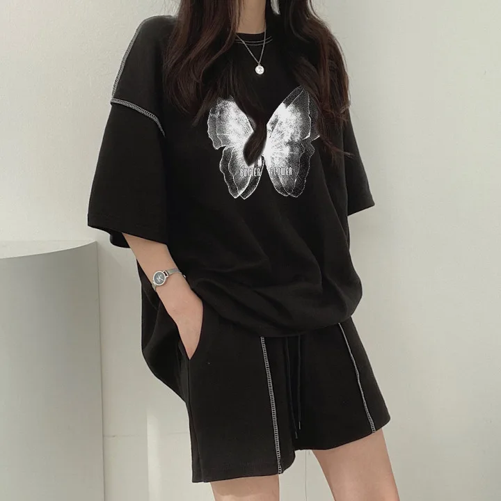 Summer Loose Top Casual Suits Half Sleeved Y2k Top Gothic Outfits Women Harajuku Style Butterfly Print Shorts 2 Piece Sets