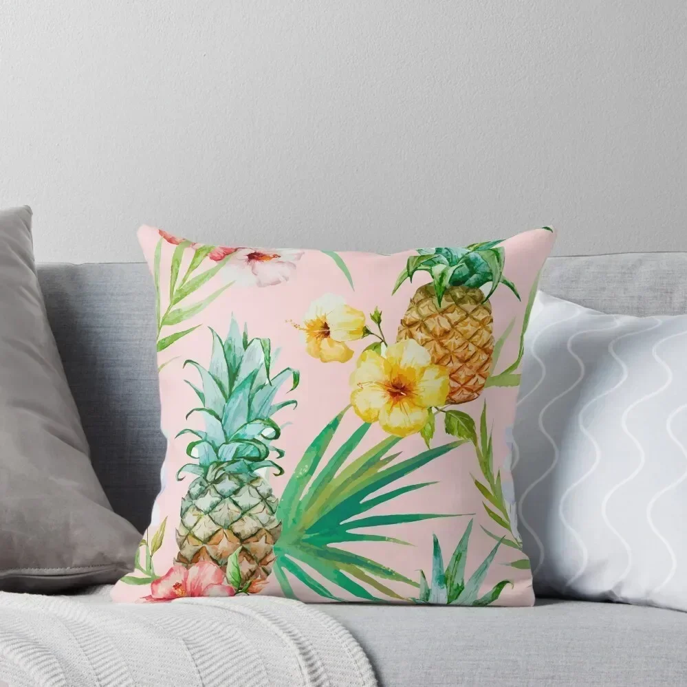 Hawaii Vintage Tropical Botanical Jungle Floral Watercolor Blush Pastel Pineapple Palm Painting Throw Pillow Sofa Covers pillow