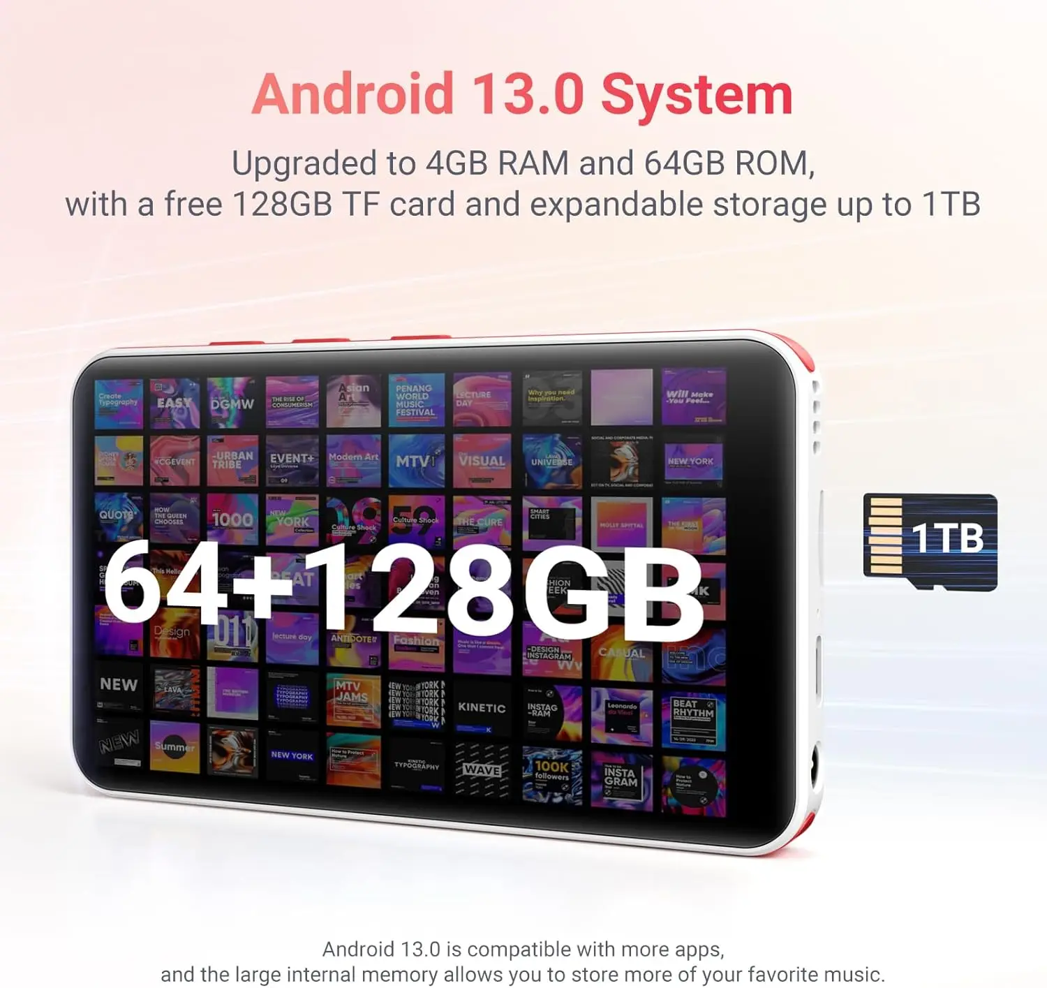 مشغل MP3 192 جيجابايت (128 جيجابايت + 64 جيجابايت) مزود بتقنية البلوتوث وواي فاي، وشاشة لمس عالية الدقة 4.0 بوصة ومكبر صوت، حتى 1 تيرابايت