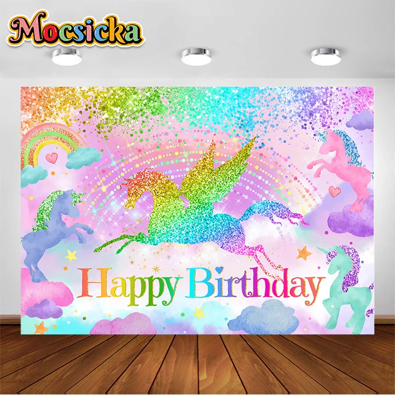 

Mocsicka Unicorn Themed Birthday Backdrops Rainbow Clouds Children's Birthday Party Decor Photo Backgrounds Photocall Props