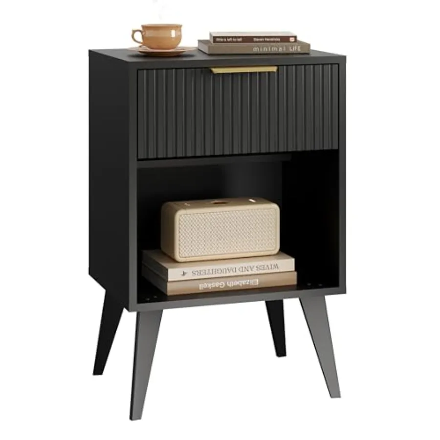 Fluted Night Stand with Opening Storage, Mid Century Bedside Table with Drawer, Nightstand Wood Legs, End Table Side Table for