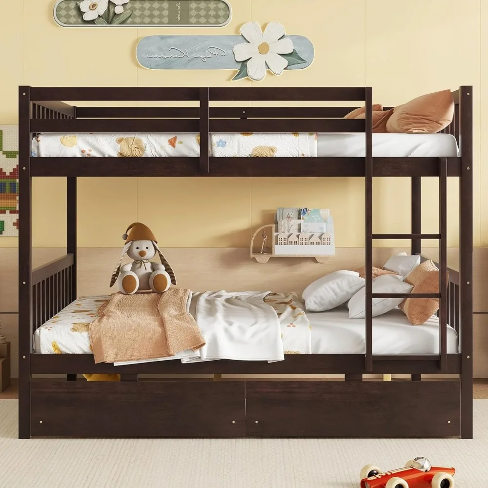 Double decker child bed, 2 storage drawers, full-size bunk bed, equipped with ladder and safety railing child bed