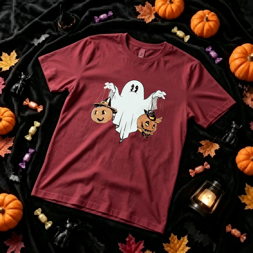 Halloween Puppet Ghost Pumpkin Graphic T‑Shirt Retro Ghost Marionette Jack‑O‑Lantern Witch Cowboy Hat Spooky Print Casual Tees