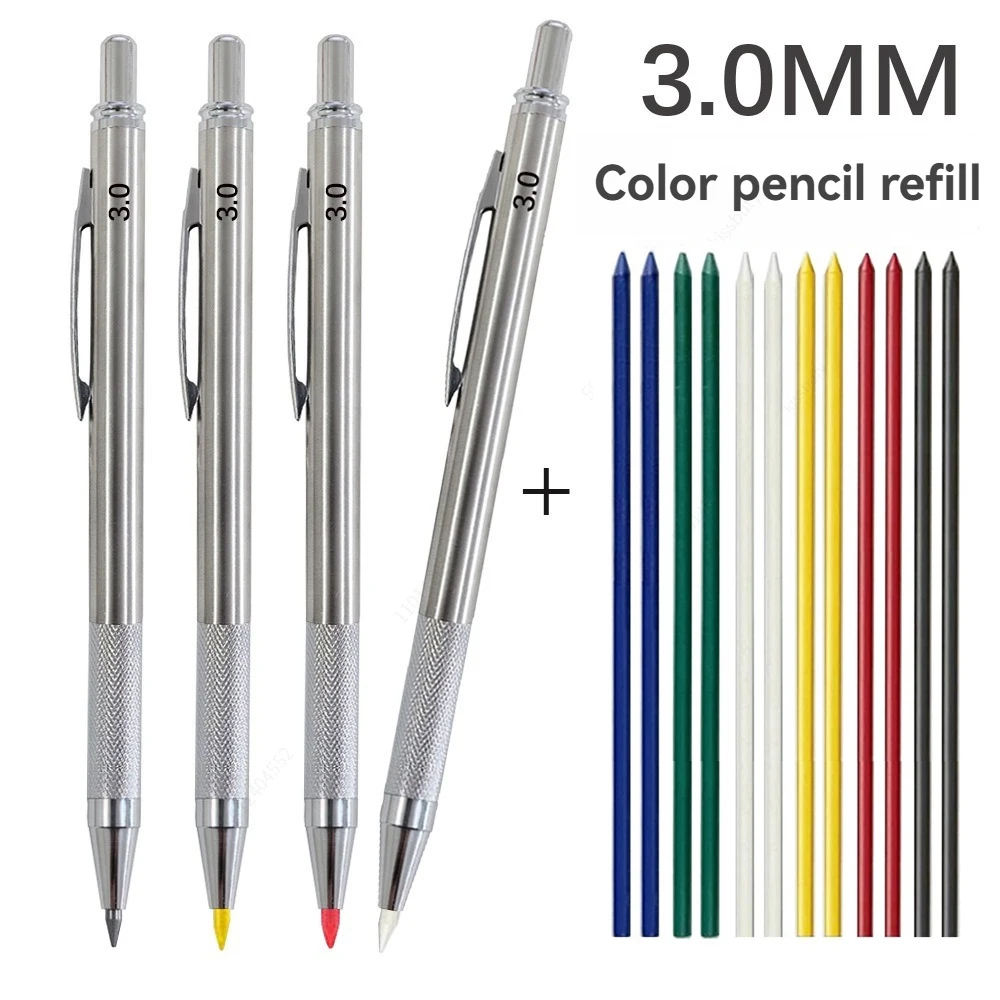 Druckbleistift-Set, 3,0 mm, Vollmetallmalerei, automatischer Bleistift und Nachfüllungen, zum Zeichnen, Zeichnen und Skizzieren