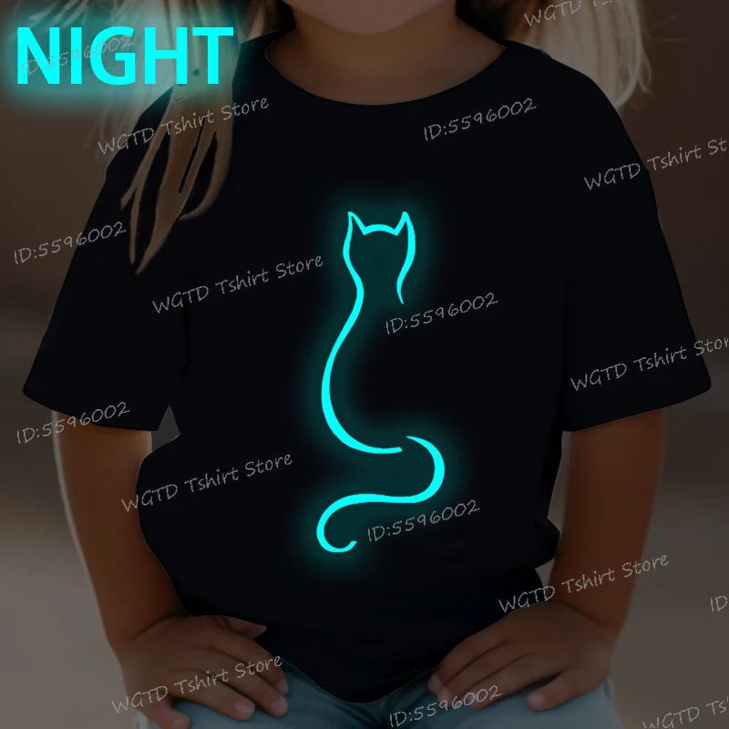Luminous Cat Line Shirt Design Baby Girl Boy Harajuku Y2K T Shirt Cute Animal Lovers Gifts Funny Animal Cat Glowing T-shirts