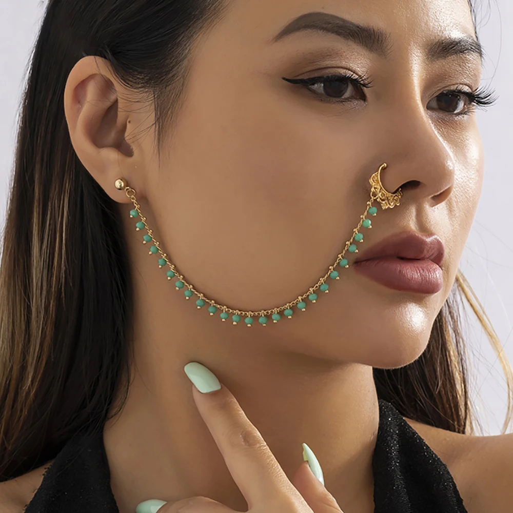 Lacteo Trendy Nose Rings for Women Connecting Earrings Black Green Small Crystal Beads Fake Nostril Piercing Clip Jewelry Ladies