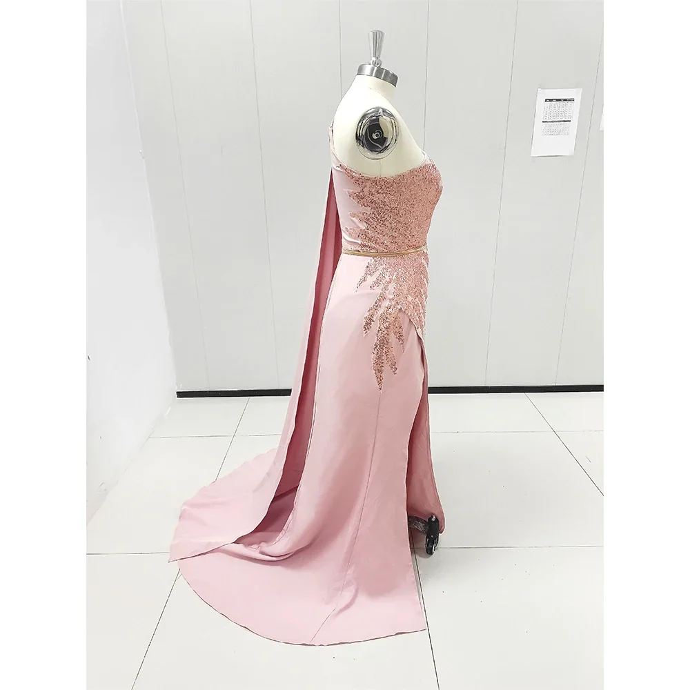 Mode Applikationen eine Schulter Abendkleid rosa Seite geteilt boden lang Kapelle Zug Meerjungfrau formelle Gelegenheit elegantes Kleid