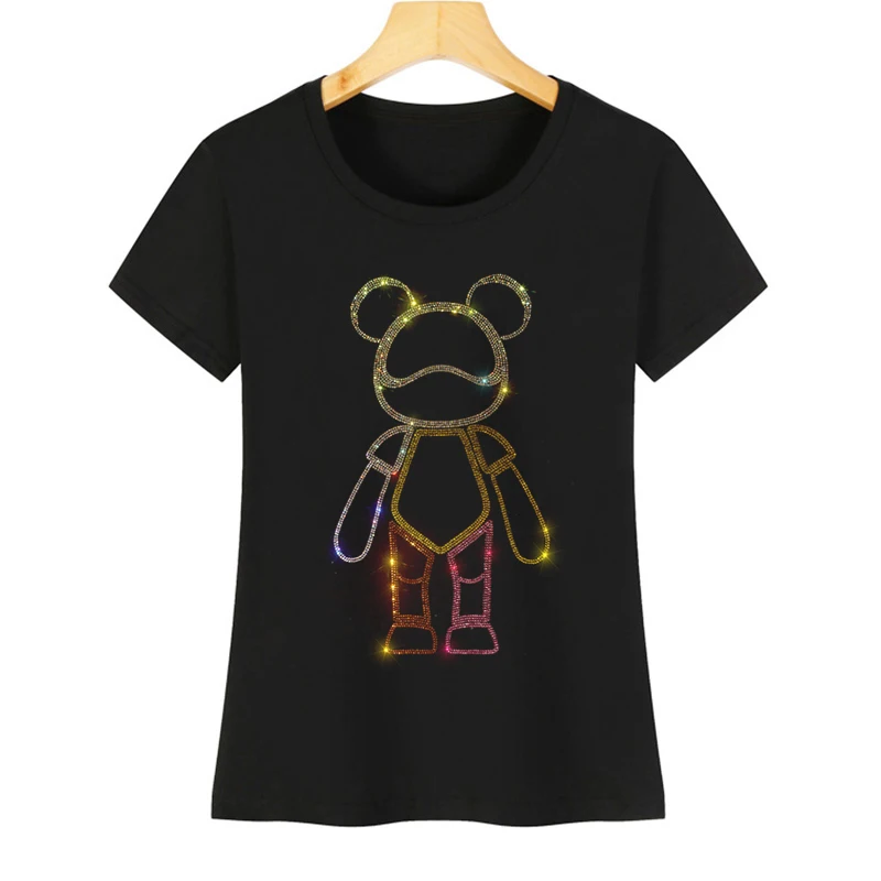 Hot diamond fluorescent bear summer dress new women's T-shirt printed short-sleeved casual shirt round collar blouse