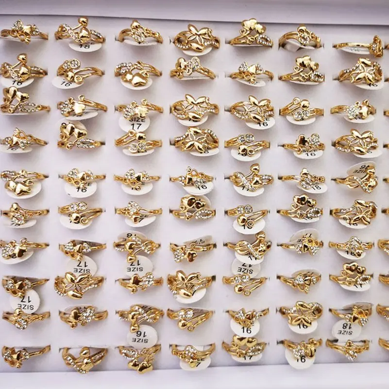10pcs/Lot Wholesale Crystal Rhinestone Rings For Women Mix Style Gold Silver Plated Alloy Finger Rings Wedding Party Gifts