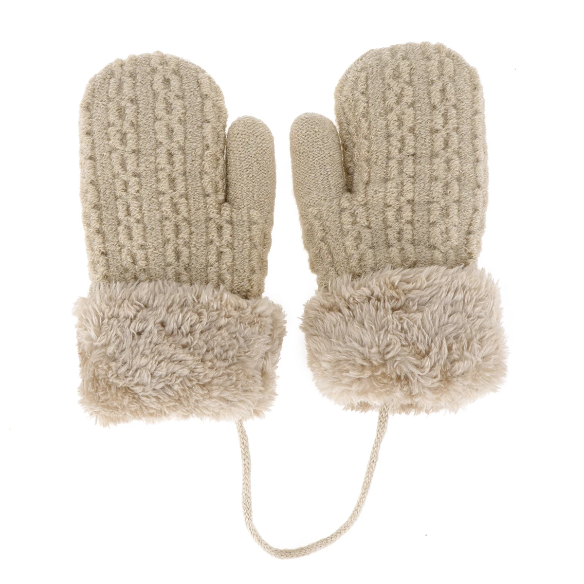 

Winter Warm Gloves Double Layer Knitted Hanging Gloves Soft Durable Beige Suitable 1-4 Years Full Finger Warmth