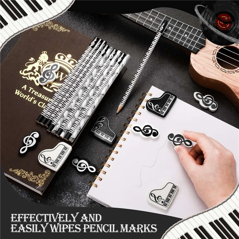 Музыкальные карандаши, карандаш для нот с музыкальными тематическими ластиками, деревянные карандаши, объемная клавиатура, забавные карандаши, ластики, подарок (120 шт.)