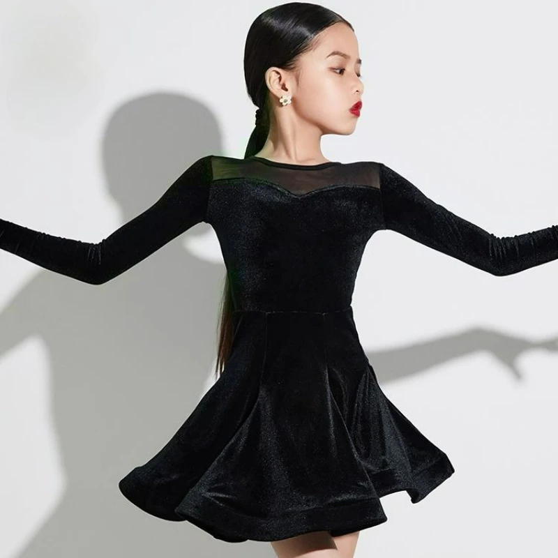 

Long Sleeves Mesh Skirt Samba Rumba cha cha Children Training Performance Danceing Costume Black Latin Dance Dress for Girls