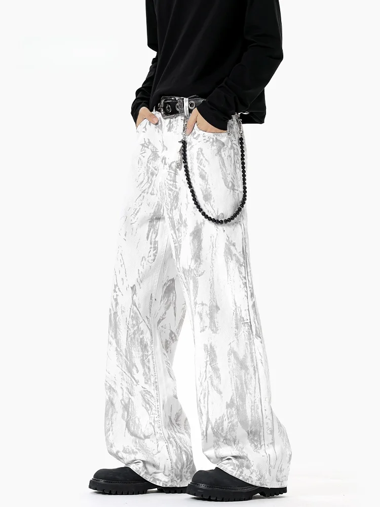 

Mmoptop American Style Casual Loose Straight Leg Men's Wide Leg Pants Dyed Loose Fit High Waist Zipper Closure Cotton Spring