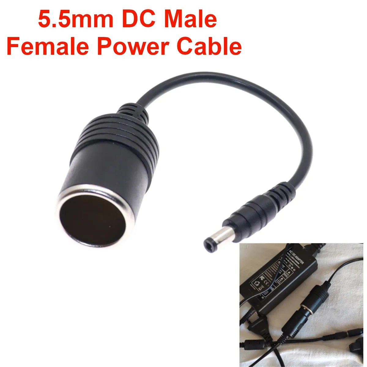 

12V-24V Car Cigarette Lighter Socket Plug Connector to DC 5.5x2.1mm Male Female Power Cable