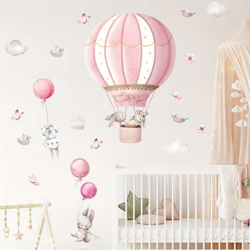 2 Stück Cartoon Niedliches Kaninchen Rosa Ballon Wolken Wandaufkleber für Kinderzimmer Dekor Kinder Wohnzimmer Kinderzimmer Wanddekoration