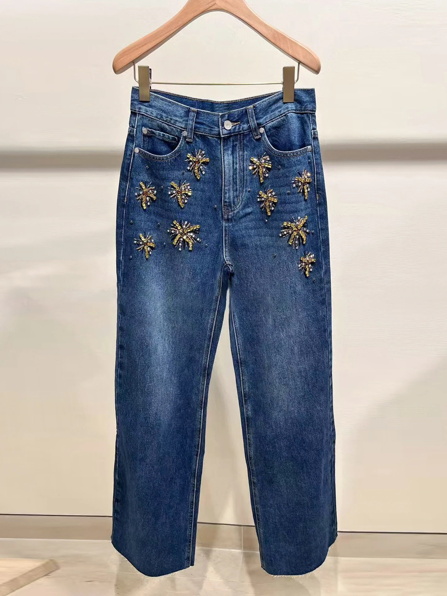 

Высококачественные женские винтажные прямые джинсы с высокой талией и бриллиантами, повседневные джинсы на молнии с высокой талией, всесезонные