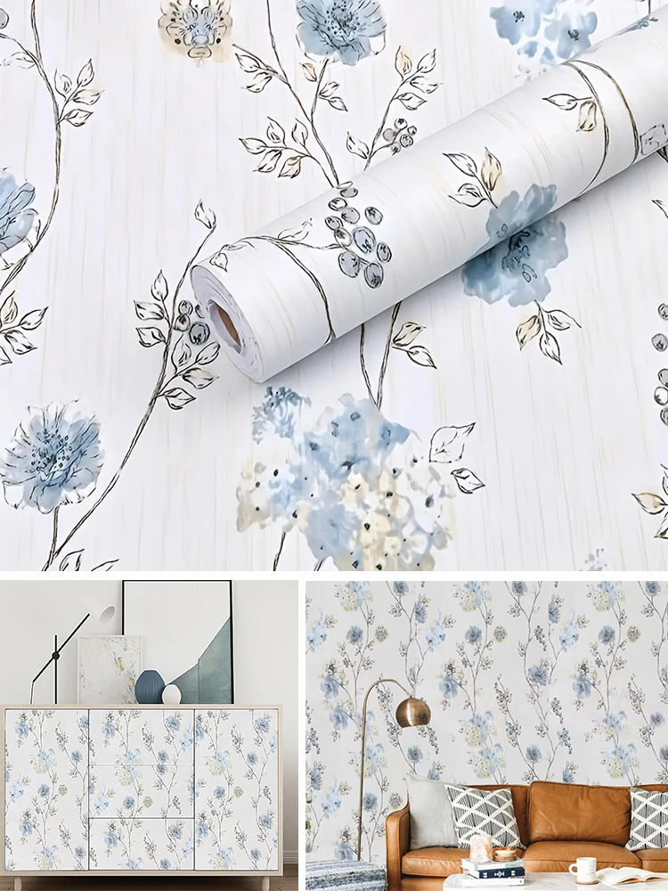 Retro Blue Flower Wallpaper - Self Adhesive Contact Paper Detachable Waterproof Wallpaper DIY Suitable for Furniture Decoration