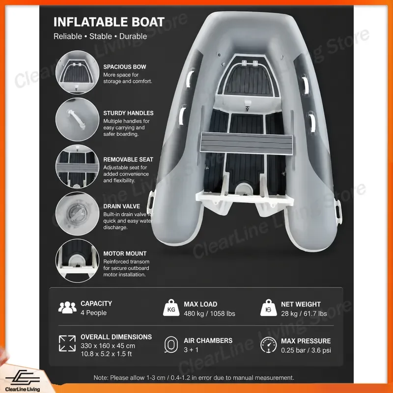 Small Semi Rigid PVC Rowboat Inflatable Kayak Canoe for Ocean Surfing Fishing Outdoor Water Sports Activities Portable Boat