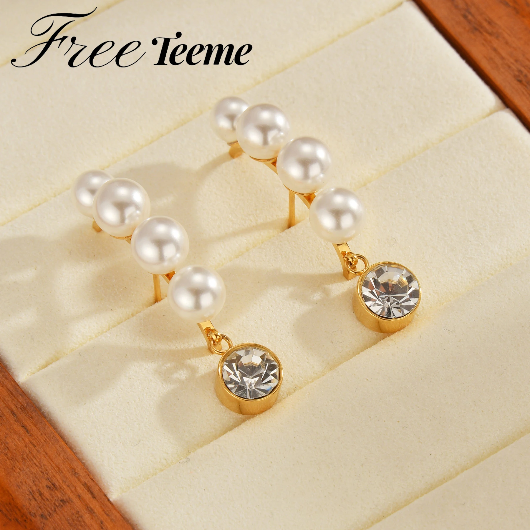 Freeteeme Elegant Imitation Pearls Hanging Zirconia Curved Earrings for Women Stainless Steel Ear Stud Jewelry Christmas Gift