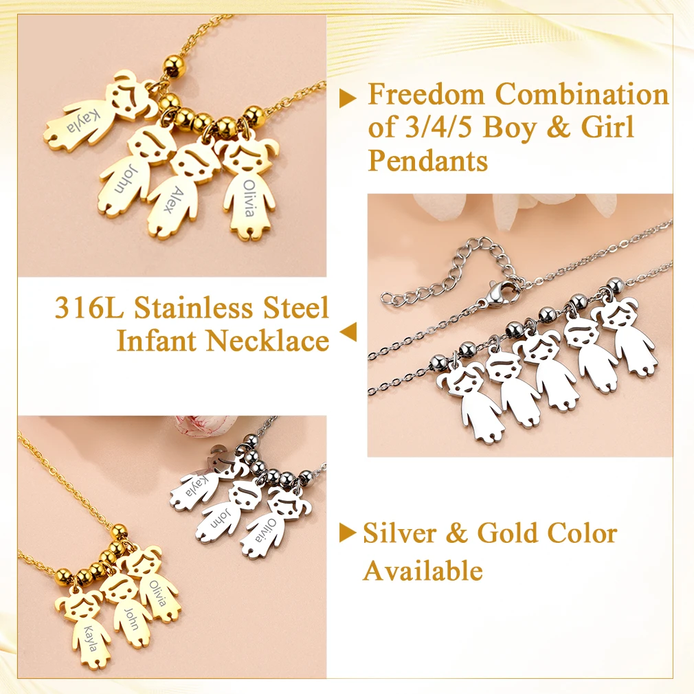 U7 Stainless Steel Custom 3-5 Family Names Necklace for Woman Children Image Charm Pendant Personalized Engraving Jewelry