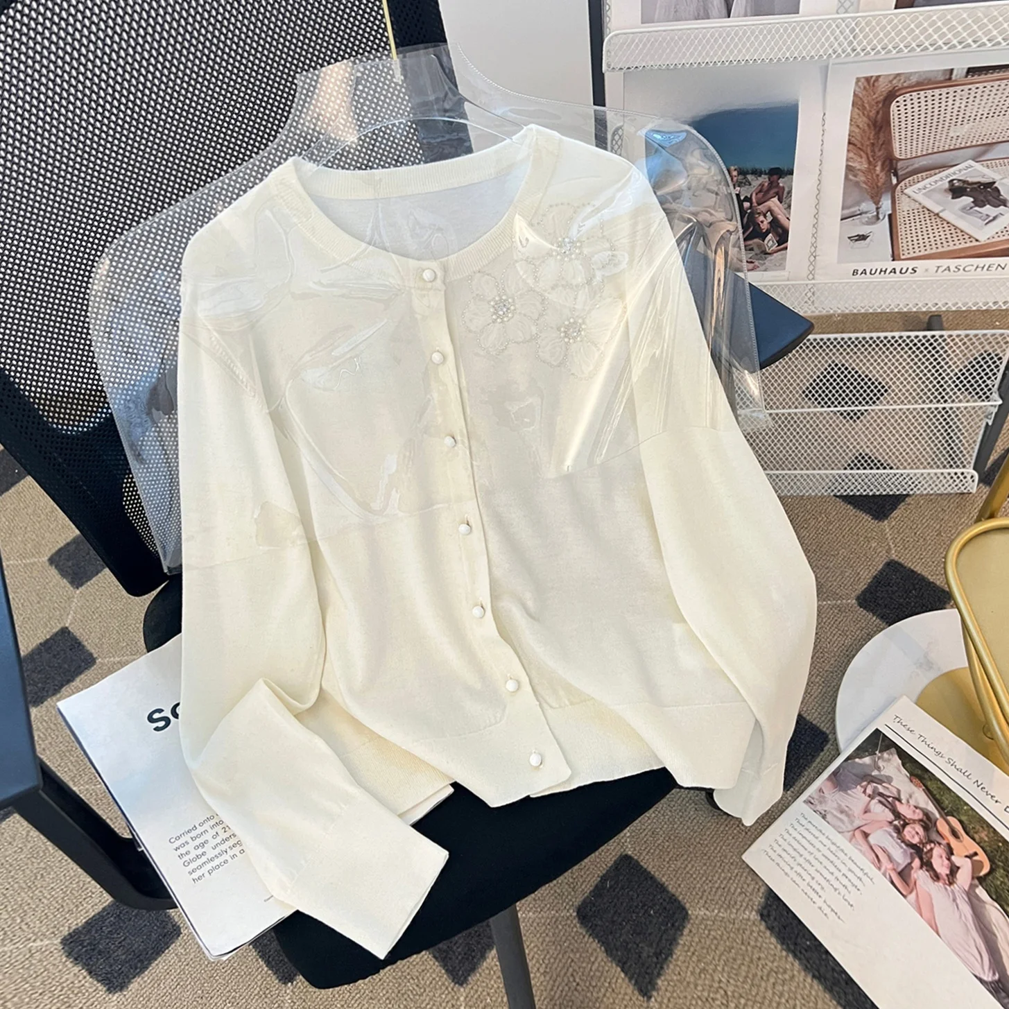 

Ele Heavyweight Knitted Woolen Cardigan Women's Thin Long Sve round Ne Gentle Top with Me Flower Beading Soft Wear