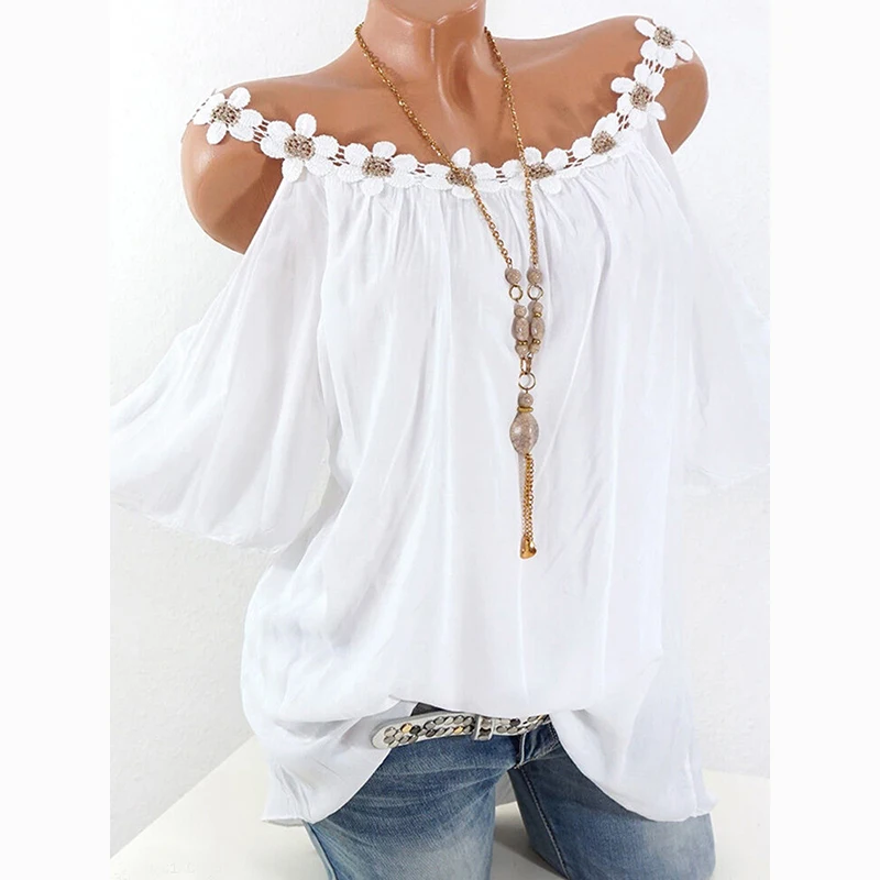 Sexy Off Shoulder Shirt Women 2024 Summer Short Sleeve Fashion Pullover Blouse with Flower Tops Loose White Blouses Blusas 24933