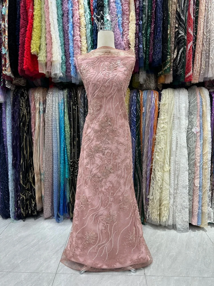 

Soft African Lace Fabric 5 Yards High Quality 2026 Dubai Beaded Lace Fabrics Sequins Tulle Lace Fabrics For Sewing