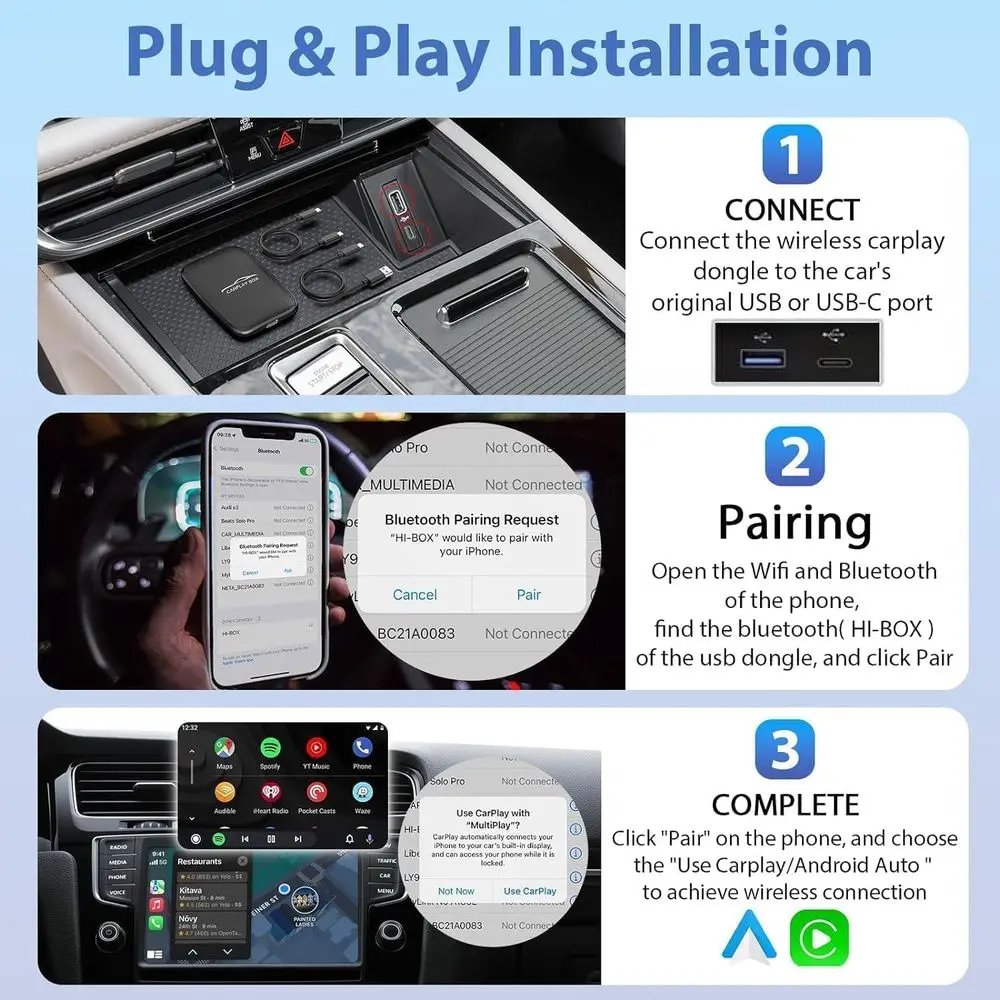 Carplay اللاسلكي وAndroid Auto Dongle يدعم بطاقة Netflix/YouTube/TF، صندوق Ai للعب السيارة مع كابل USBA-C وUSBC-C لهاتف iPhone