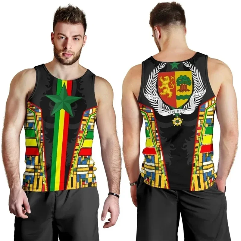 Senegal Flag Pattern Tank Tops Summer Fashion Sleeveless National Emblem 3D Printed Vest Casual Loose Outdoor Sports Mens Tees