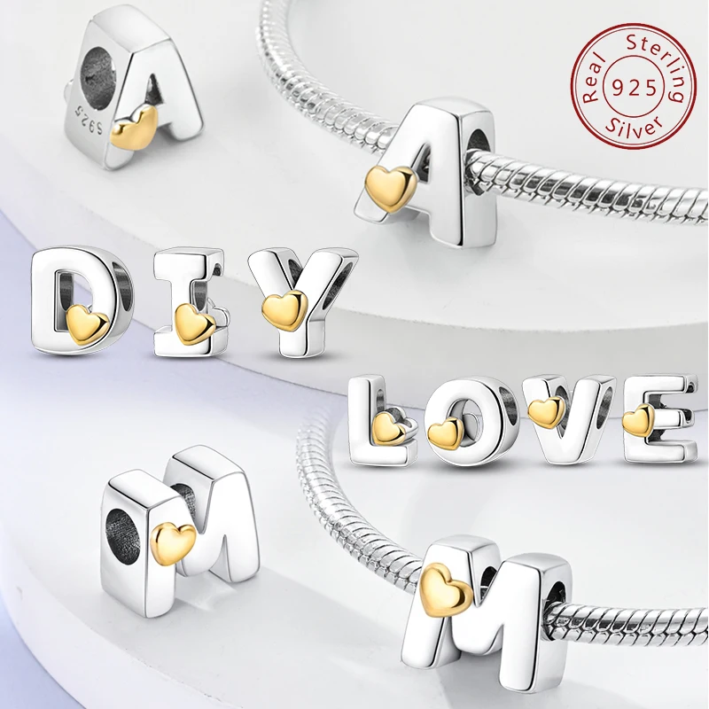 

Классический браслет из стерлингового серебра 925 пробы с 26 буквами A-Z и буквами алфавита в форме сердца, подходит для браслета, подвеска «сделай сам» для изготовления женских ювелирных изделий