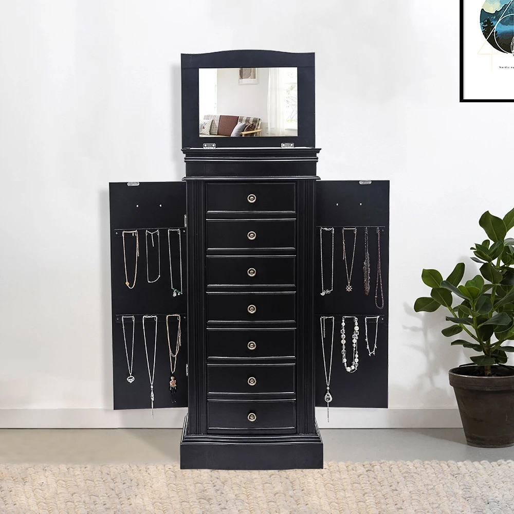 Jewelry Armoire with Mirror, 7 Drawers & 24 Necklace Hooks, 2 Side Swing Doors(Black)