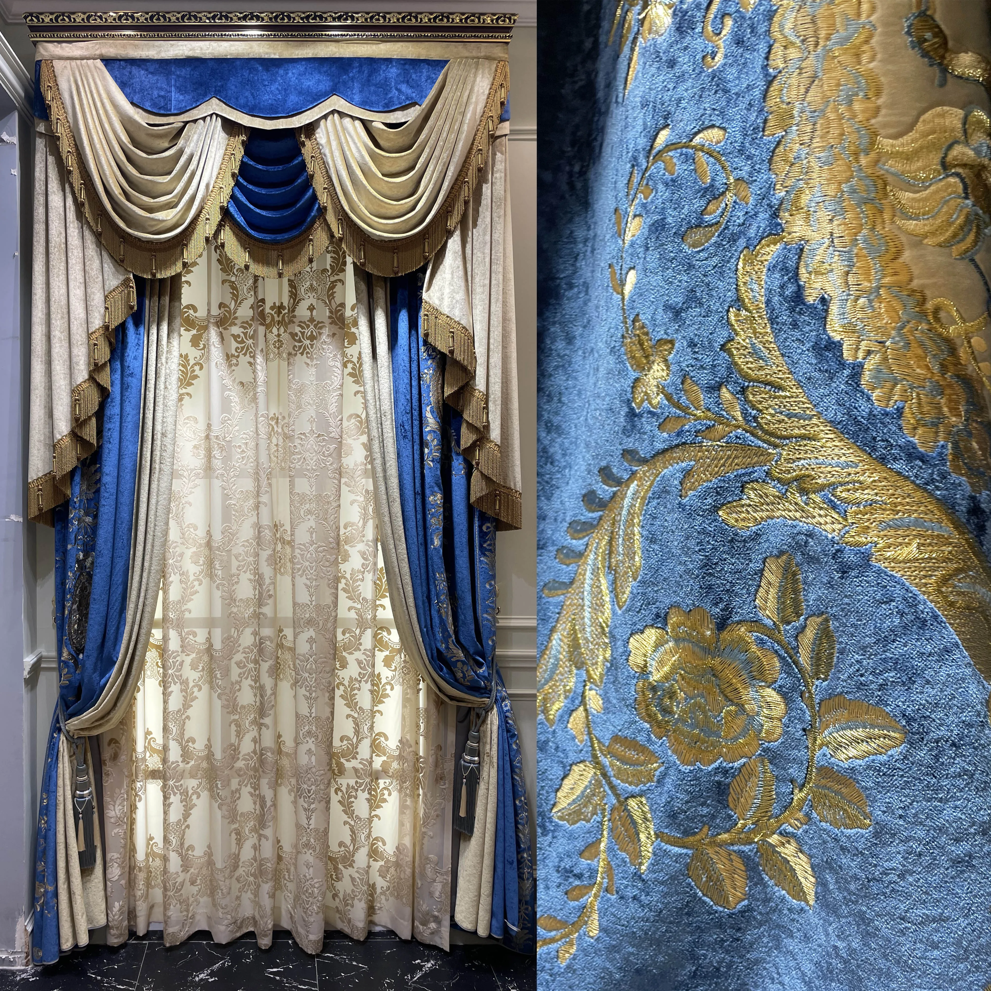 Custom Gorgeous American dark blue vintage palace velvet embroidery blue cloth valance blackout curtain tulle drape C1988