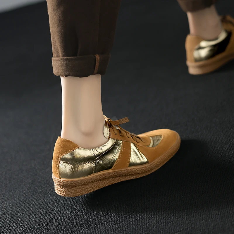 

Genuine Leather Sheepskin +Cowhide Women's Sneaker,Round Toe Lace Up Work Flat Shoes,Classic Trainers Womens Shoes