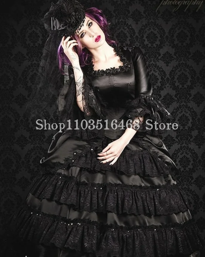 Puffy Gothic Victorian Prom Dresses Corset Corset Corset Long Sleeve Lace Cake Dresses Halloween Cos play Black White Masquerade