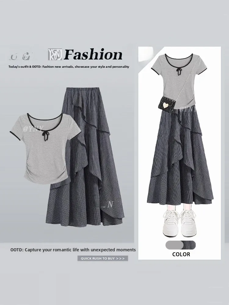 

Laid-back Style Slimming round Neck T-shirt And Skirt Set Women's High Waist Long Summer Fashion Ensemble Loose Feel Butterfl...