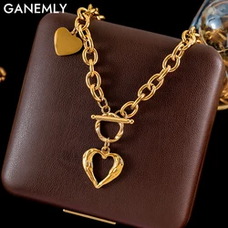GANEMLY 316L Stainless Steel Winged Heart Pendant Necklace For Women New 18K Gold Plated Neck Chain Waterproof Jewelry Gift