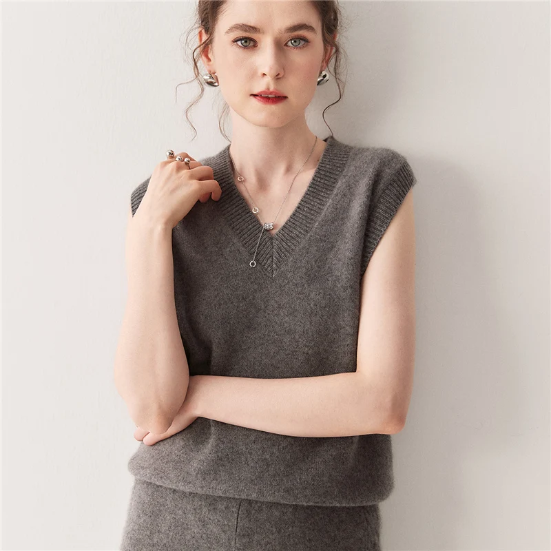 Kamizelka damska jesienno-zimowa, jednolity kolor, 100% kaszmir, sweter, podstawowy sweter bez rękawów, retro, w stylu lazy preppy, bez rękawów.