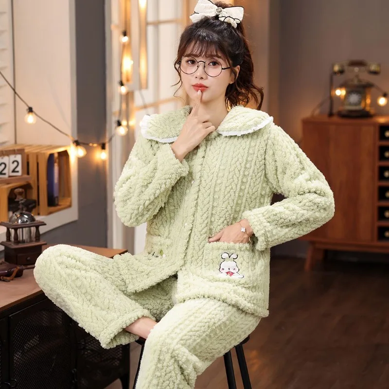 

2024 New Autumn Winter Coral Velvet Pajamas Women Plus Velvet Padded Sleepwear Long-sleeved Homewear Suit Doll Collar Loungewear