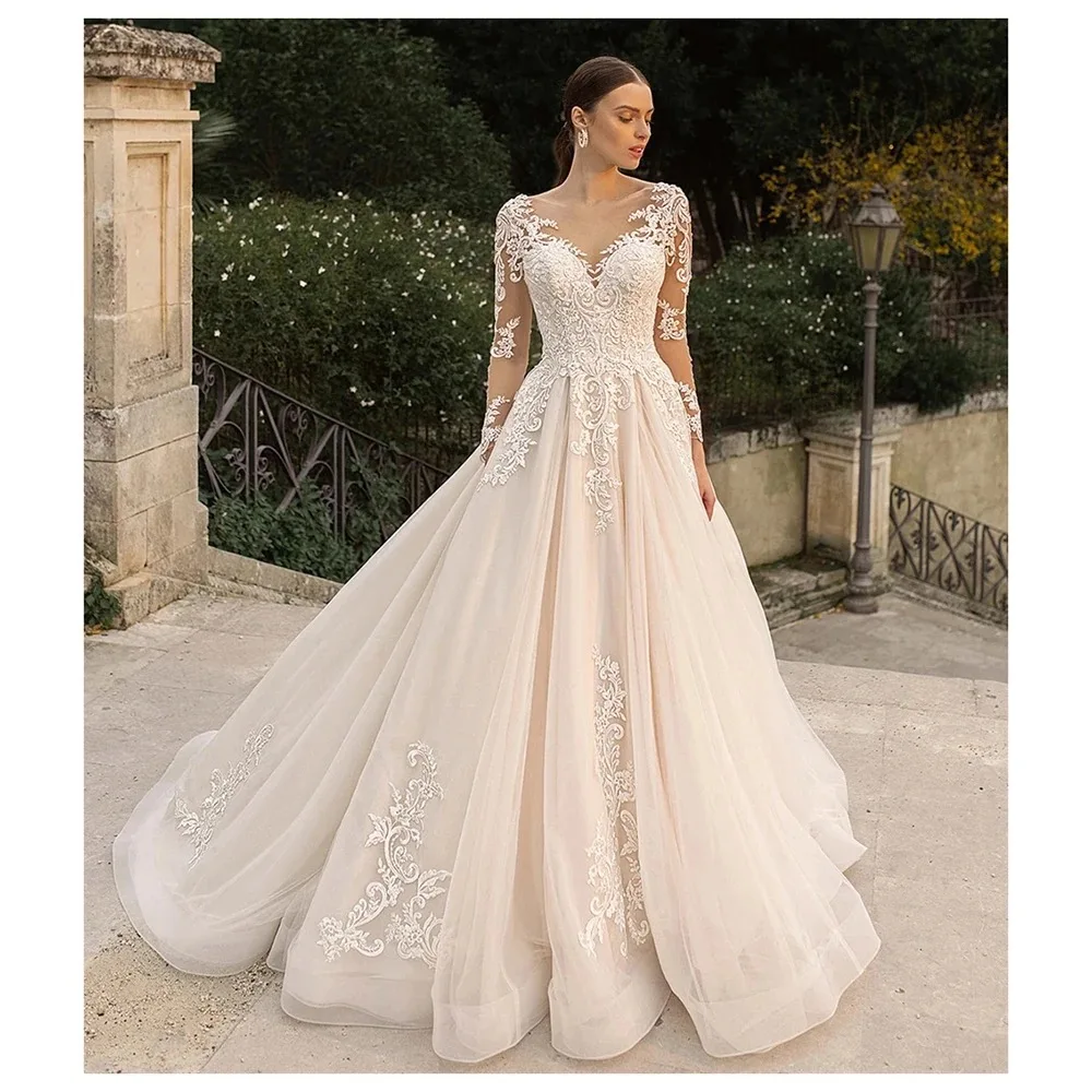 Elegante illusie trouwjurk met volledige mouw kant applique bruidsjurk v-hals aangepaste bruidjurk vestido de novia