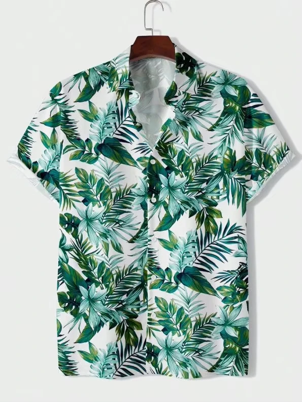 Camisa de Hombre con Estampado de Monstera de Primera Calidad, Estilo Hawaiano de Manga Corta, Informal para el Verano y la Playa