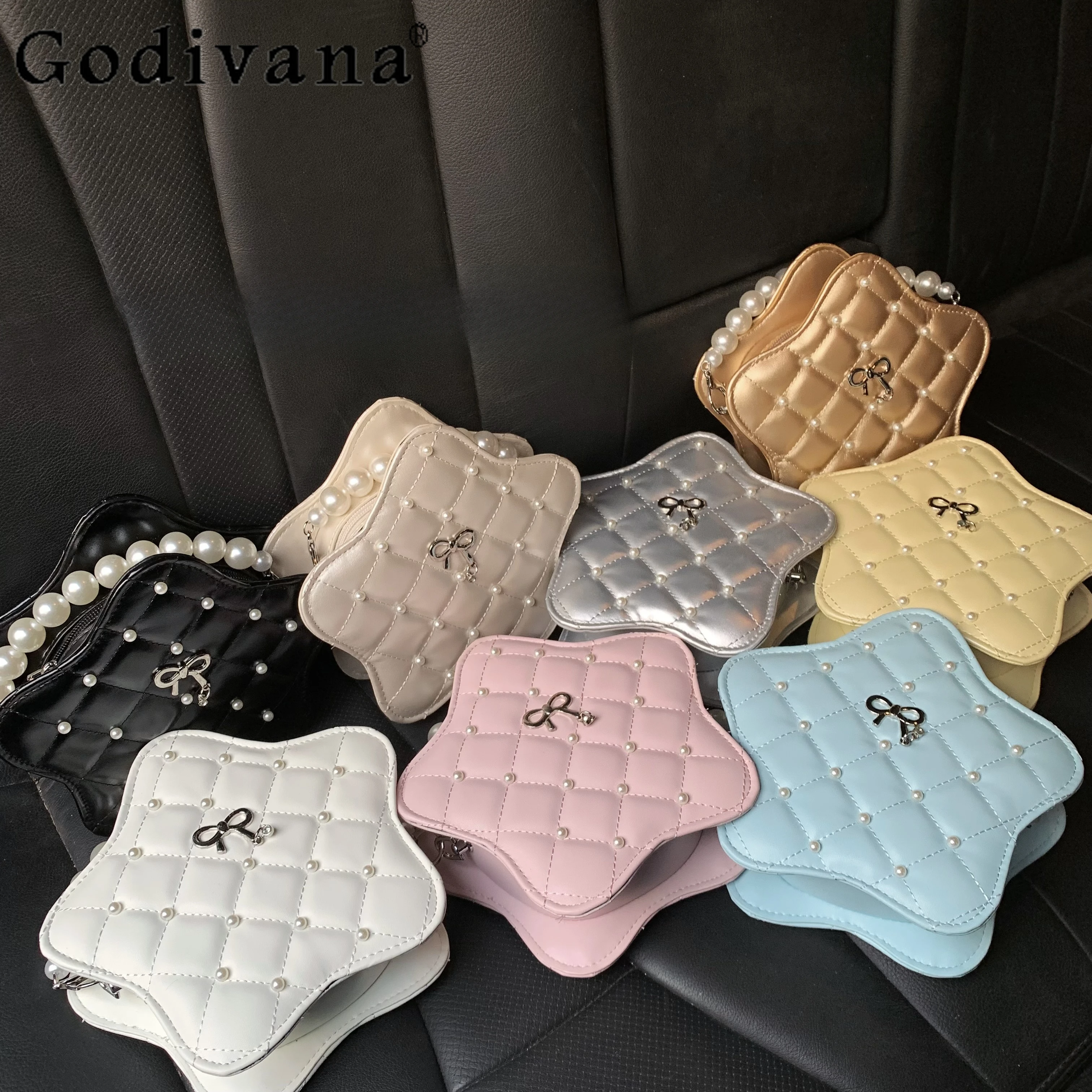 Delicate Soft Girl Mini Clutch Bags Big Pearl Handle Diamond Crossbody Bags Classic Star Shape Handbag Pu Leather Tote Bag