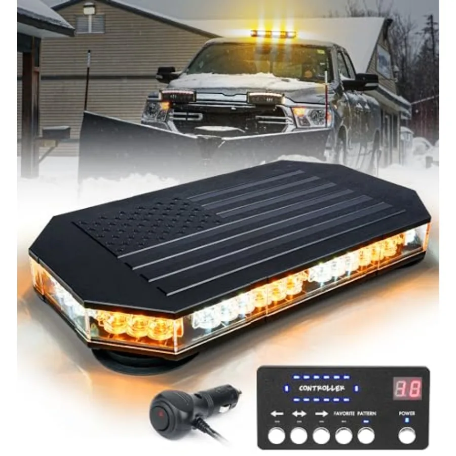 

Rooftop Strobe Beacon Lights Bar w/Controller, American Flag Pattern LED Emergency Warning Traffic Flashing Light for Construct