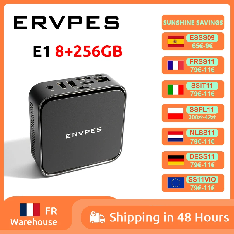 Mini PC ERVPES E1, AMD Ryzen 3 3250C, 8 Go DDR4, 256 Go SSD, Windows 11 Pro, Wifi double bande, BT5.2, ordinateur de bureau mini